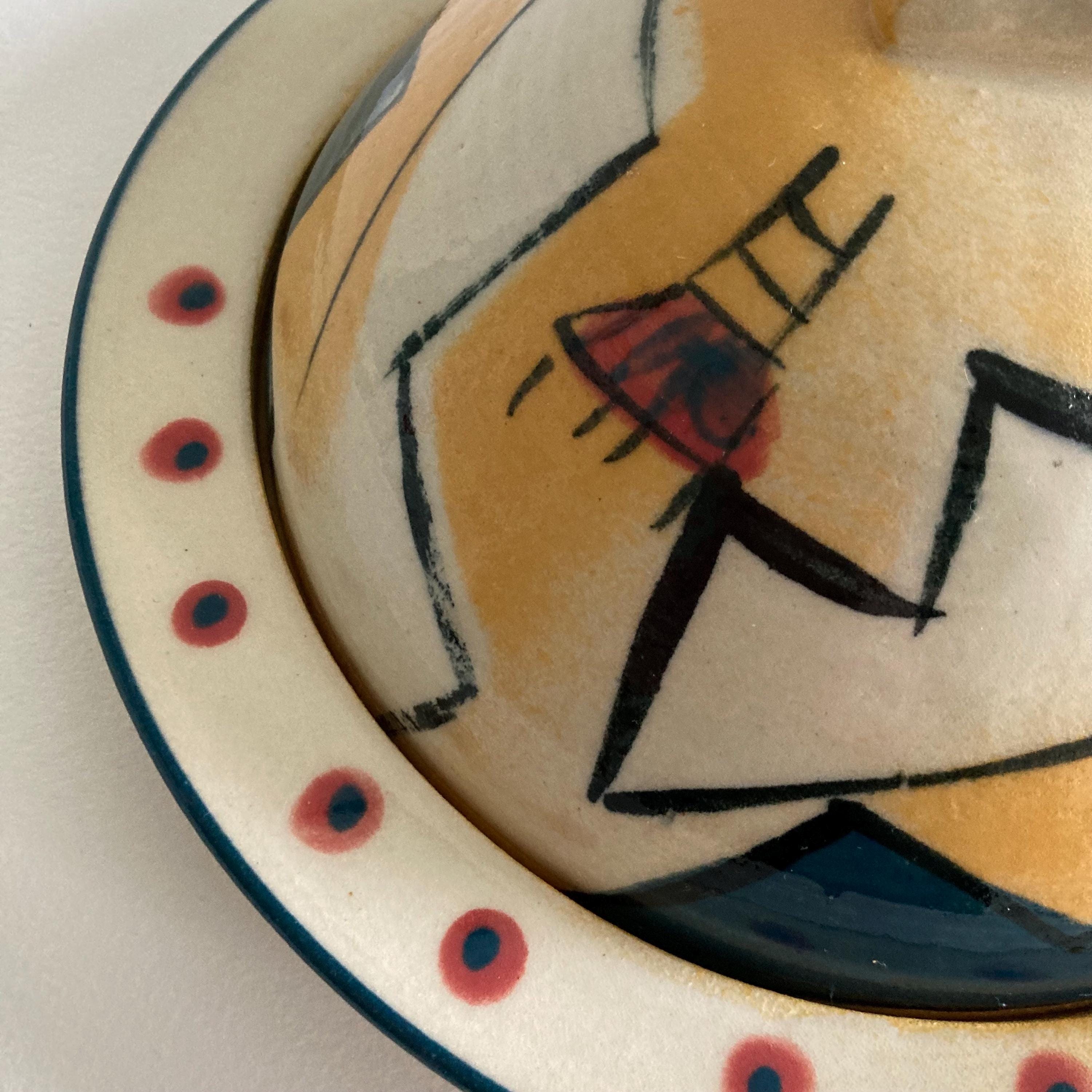 Artist Signed Ceramic Butter Dish: Abstract Mountain & Chair Design