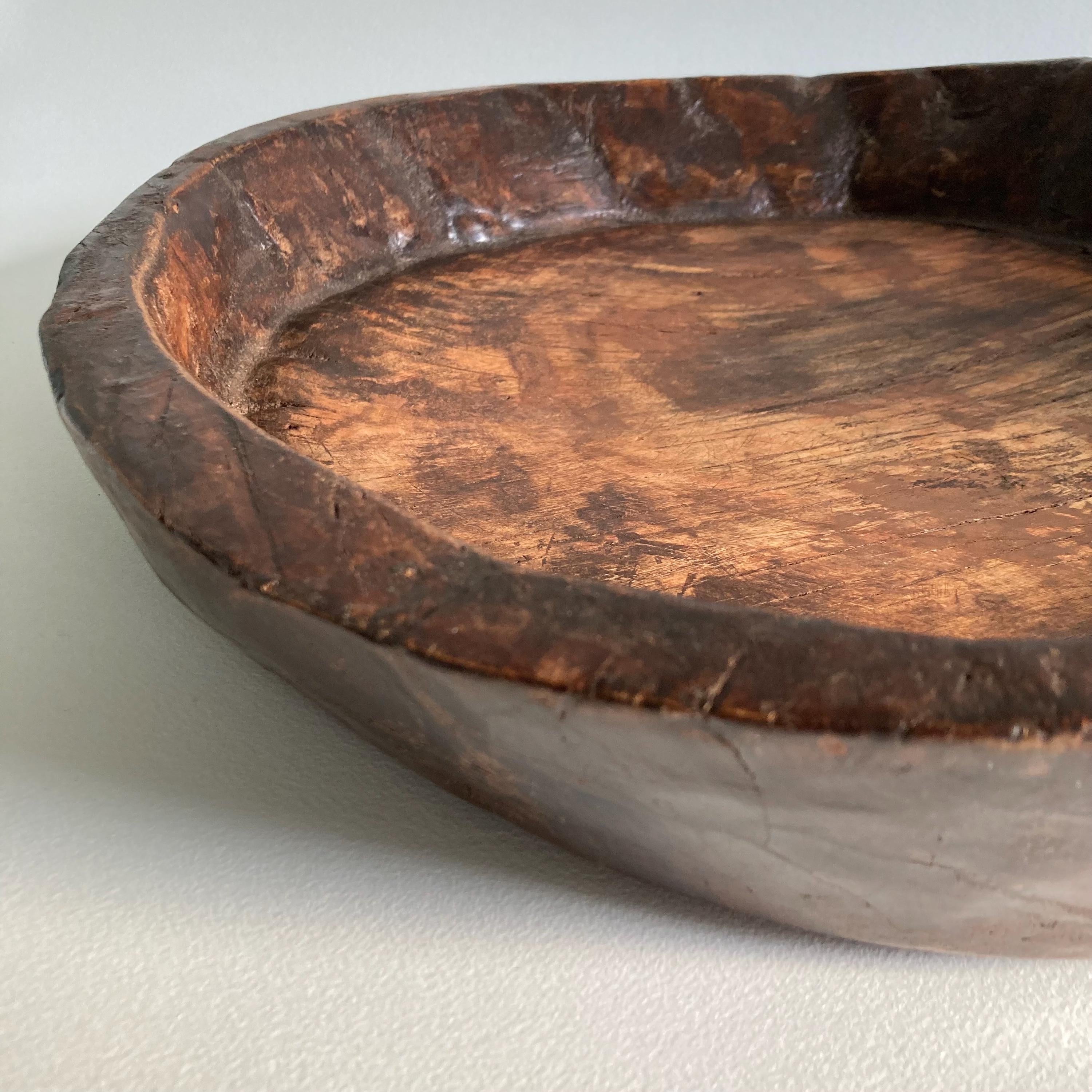 Vintage Indian Attributed Chapati Bowl: Large Patinated Wood Centerpiece