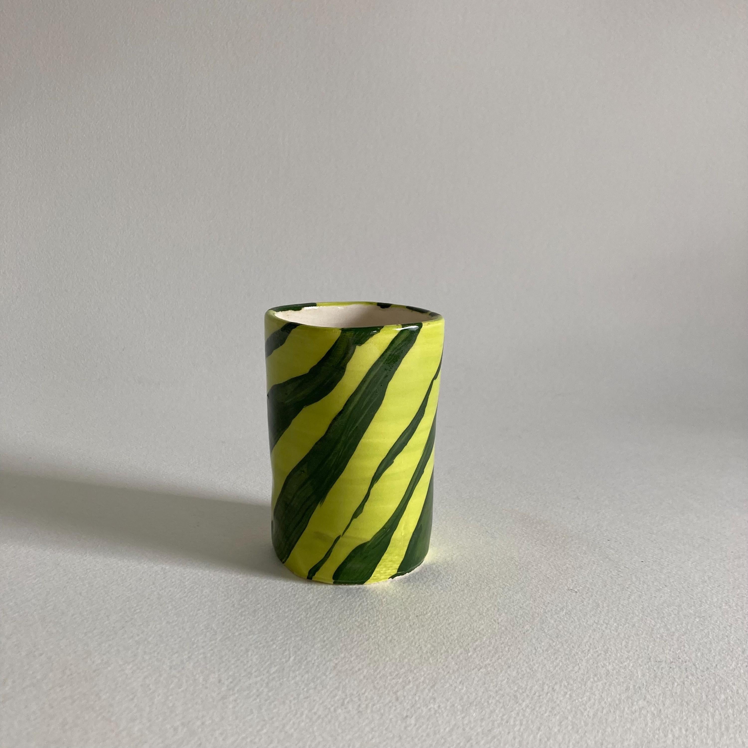 Artist Signed Ceramic Cup: Handmade Green Stripe Pen Container