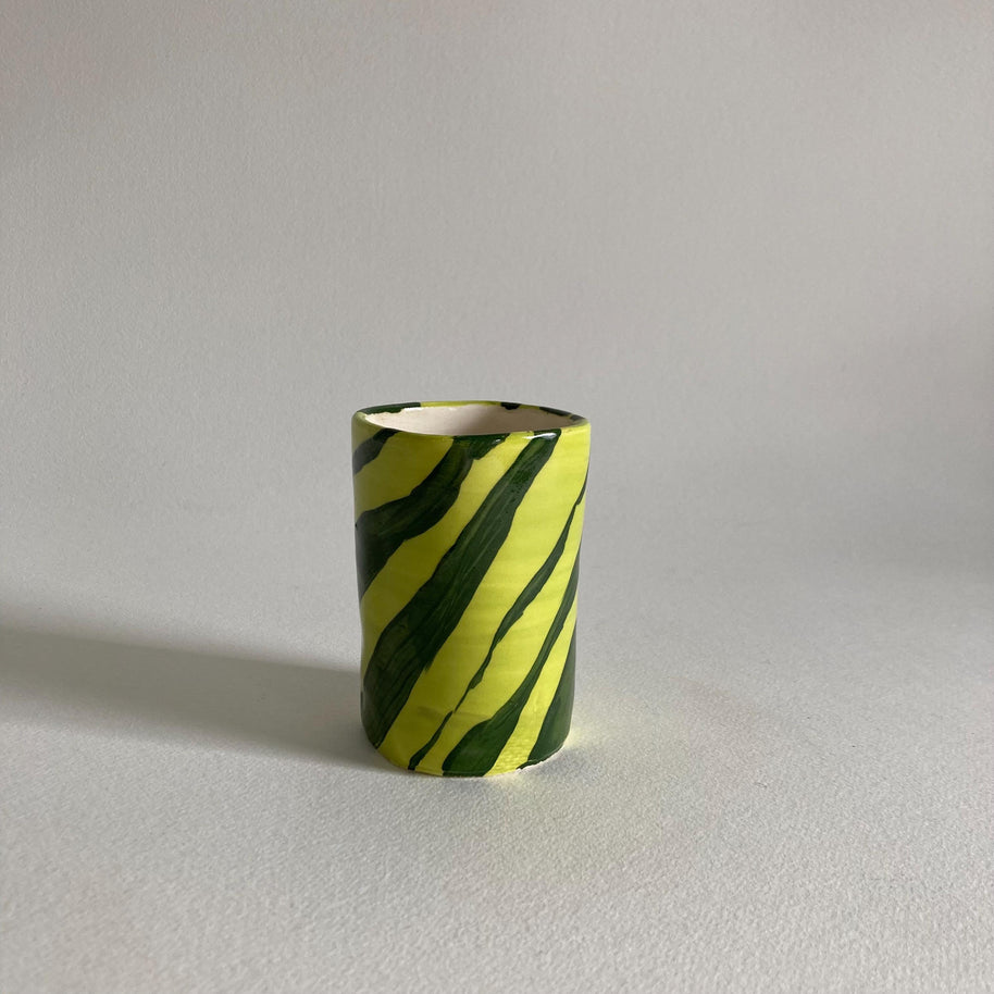Artist Signed Ceramic Cup: Handmade Green Stripe Pen Container