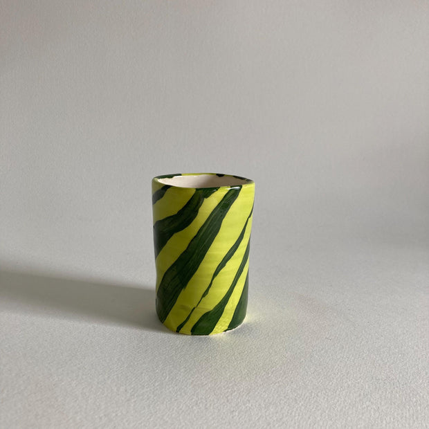Artist Signed Ceramic Cup: Handmade Green Stripe Pen Container