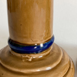 Hand Painted Ceramic Candlestick Pair: Crackle Glaze, Cobalt Blue Detail