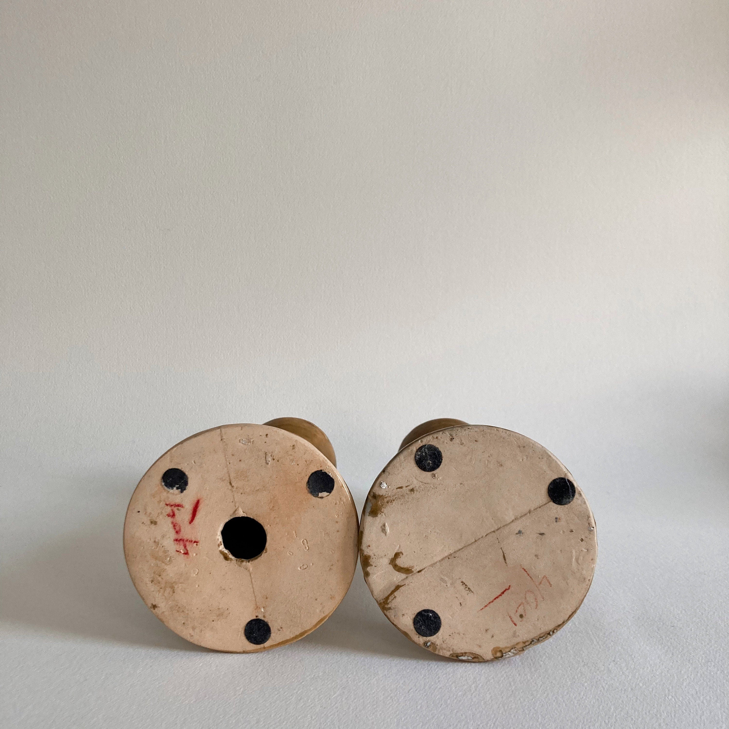 Hand Painted Ceramic Candlestick Pair: Crackle Glaze, Cobalt Blue Detail