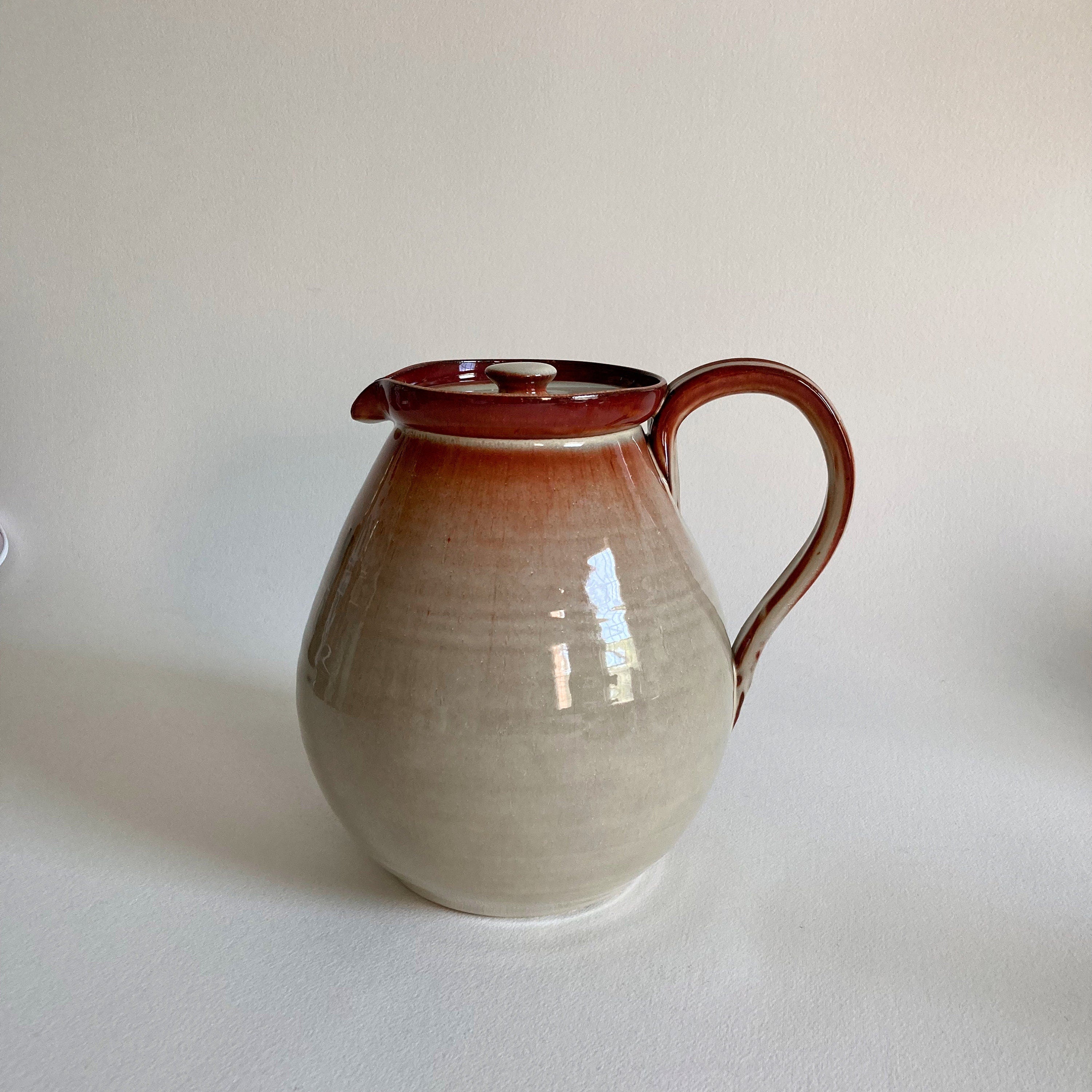 Studio Pottery Pitcher with Lid: Tan Reddish Brown Glaze, 8