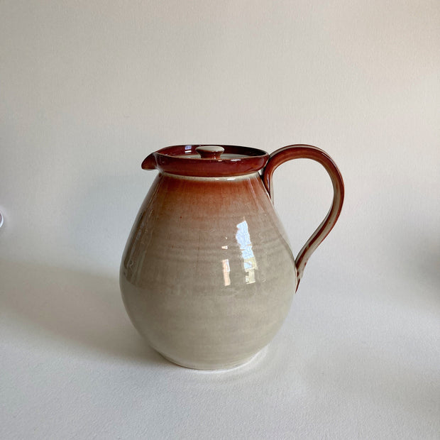 Studio Pottery Pitcher with Lid: Tan Reddish Brown Glaze, 8" Vase
