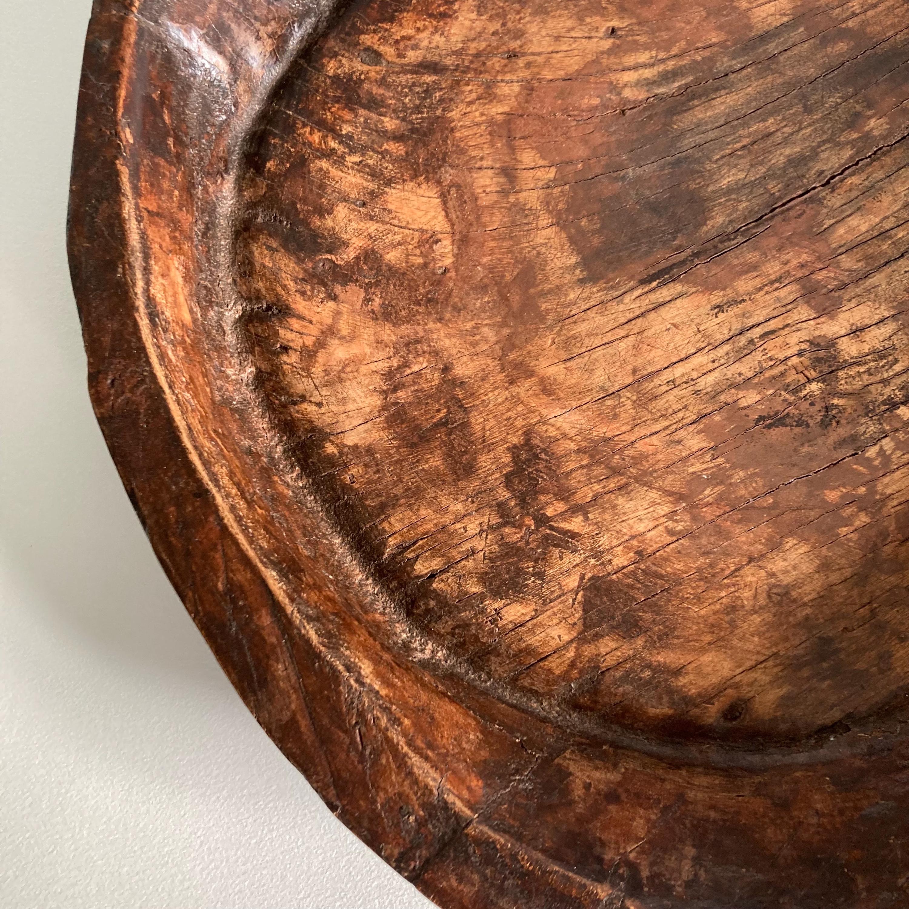 Vintage Indian Attributed Chapati Bowl: Large Patinated Wood Centerpiece