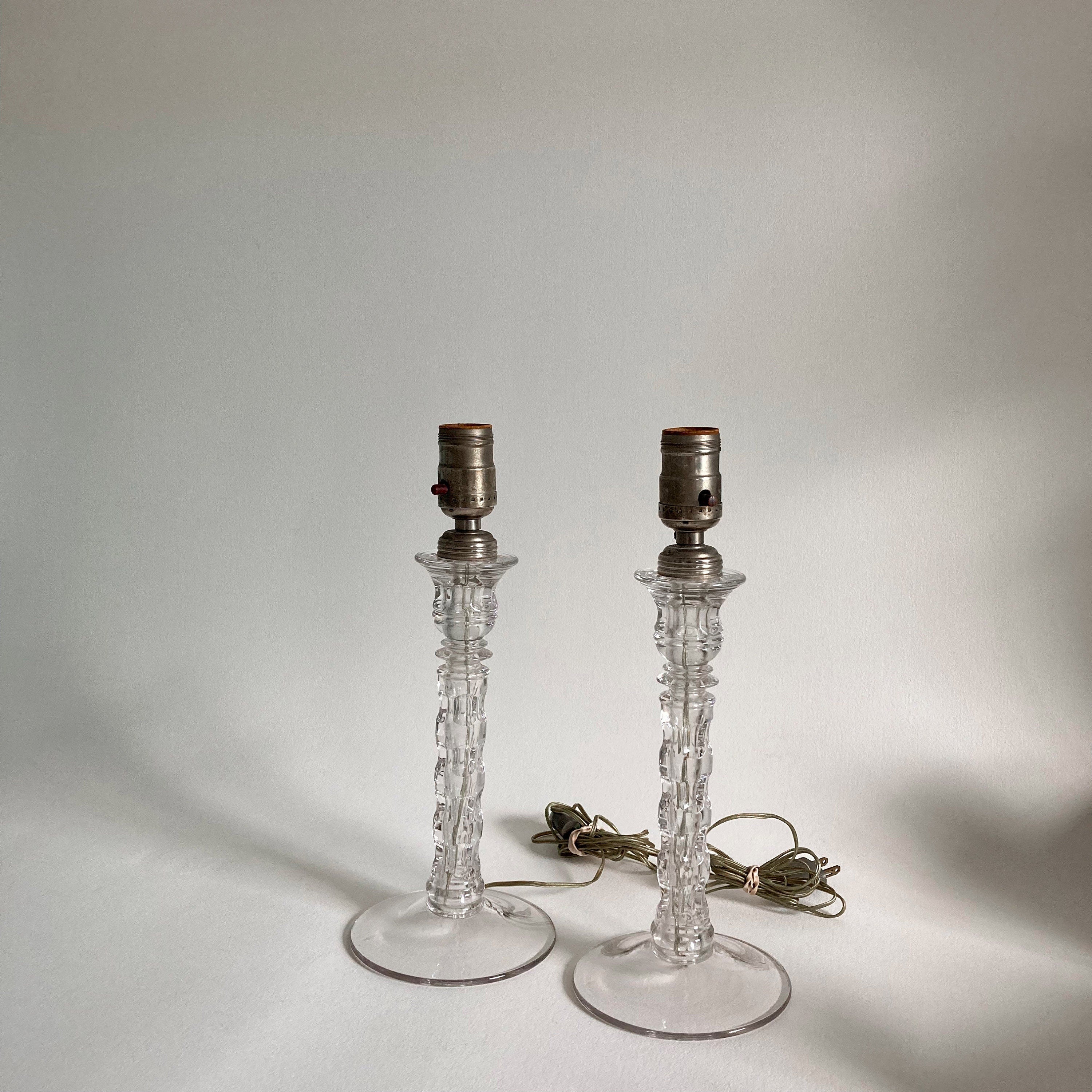 Vintage Clear Glass Table Lamps: Geometric Stem Design, Set of 2