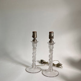 Vintage Clear Glass Table Lamps: Geometric Stem Design, Set of 2