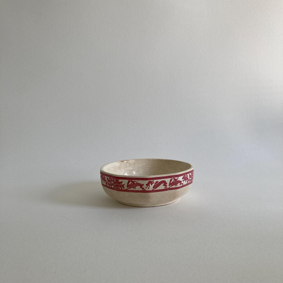 Circa 1930, German Ceramic Bowl w/ Stylized Animals & Folk Tale Imagery - EJ GERMANY - Ivory Burgundy Color Ceramic Bowl
