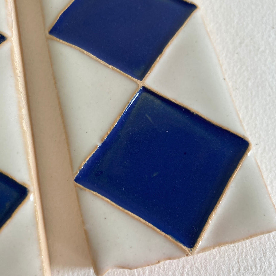 Pair of Handmade Ceramic Accent Tiles: Blue Diamond Pattern, 20th Century