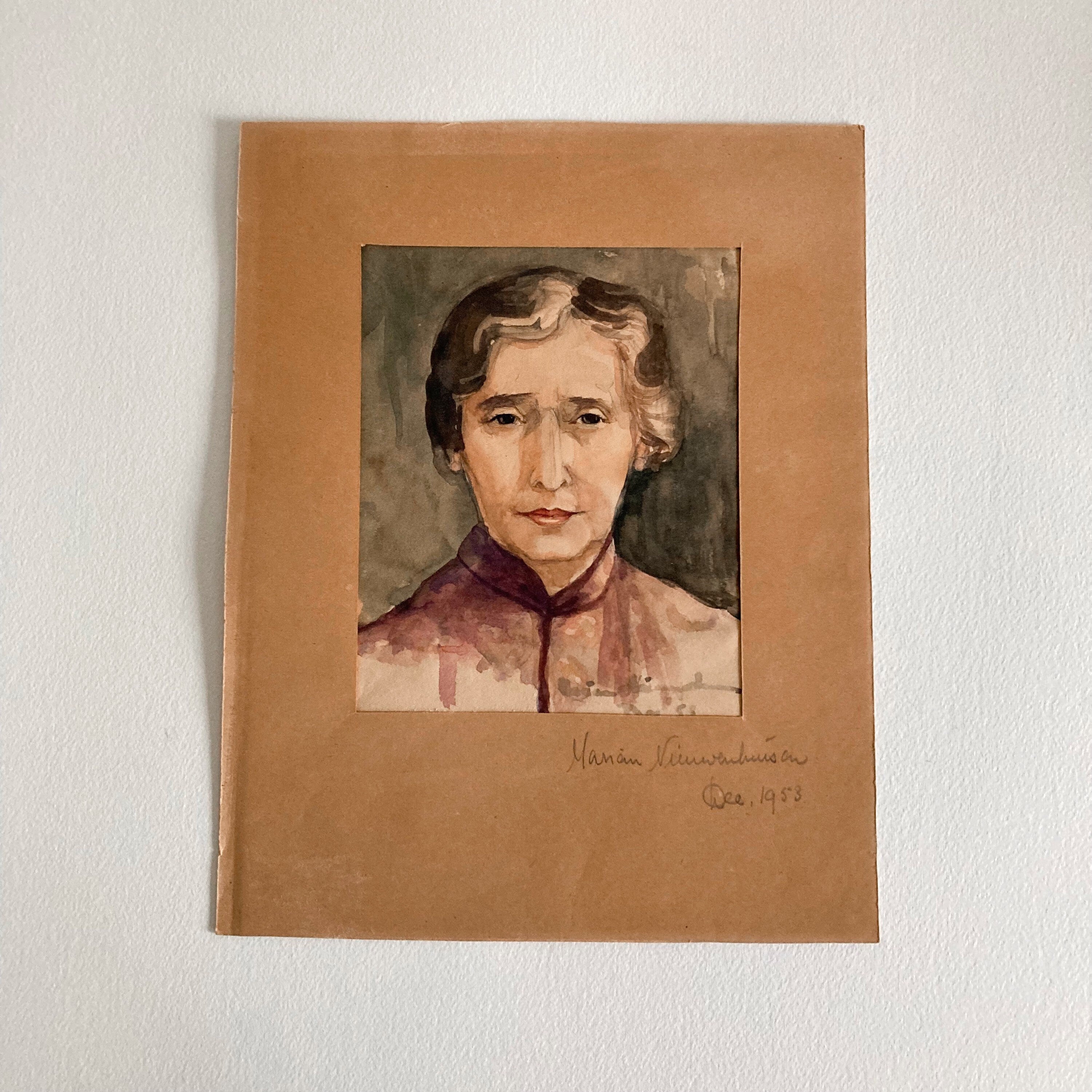 Mid Century Watercolor Portrait: Woman in Kimono Jacket, Signed Art (1953)