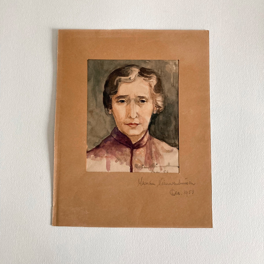Mid Century Watercolor Portrait: Woman in Kimono Jacket, Signed Art (1953)