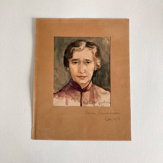 Mid Century Watercolor Portrait: Woman in Kimono Jacket, Signed Art (1953)