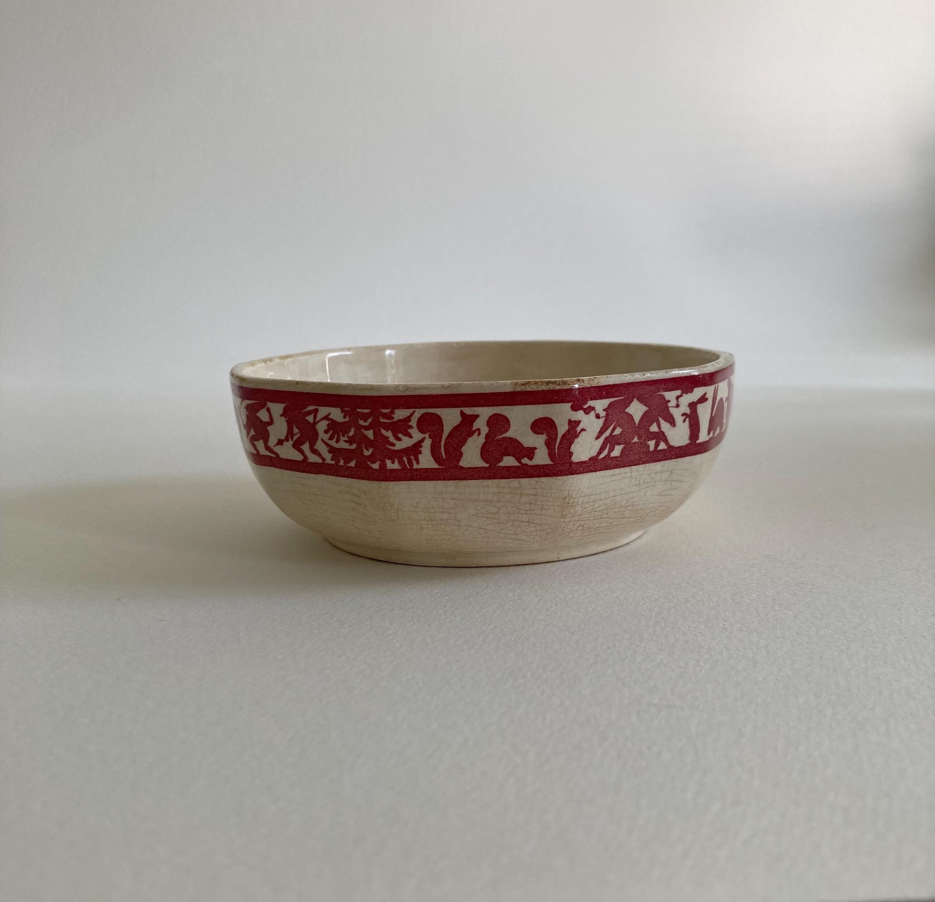 Circa 1930, German Ceramic Bowl w/ Stylized Animals & Folk Tale Imagery - EJ GERMANY - Ivory Burgundy Color Ceramic Bowl