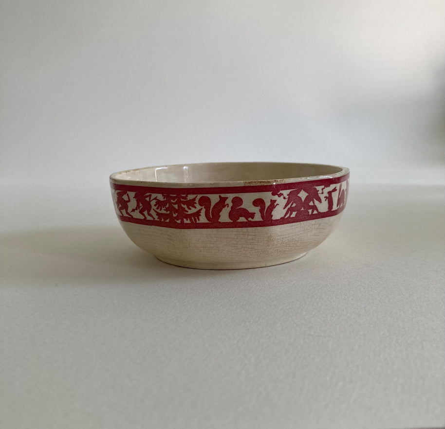 Circa 1930, German Ceramic Bowl w/ Stylized Animals & Folk Tale Imagery - EJ GERMANY - Ivory Burgundy Color Ceramic Bowl