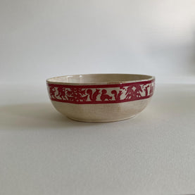 Circa 1930, German Ceramic Bowl w/ Stylized Animals & Folk Tale Imagery - EJ GERMANY - Ivory Burgundy Color Ceramic Bowl