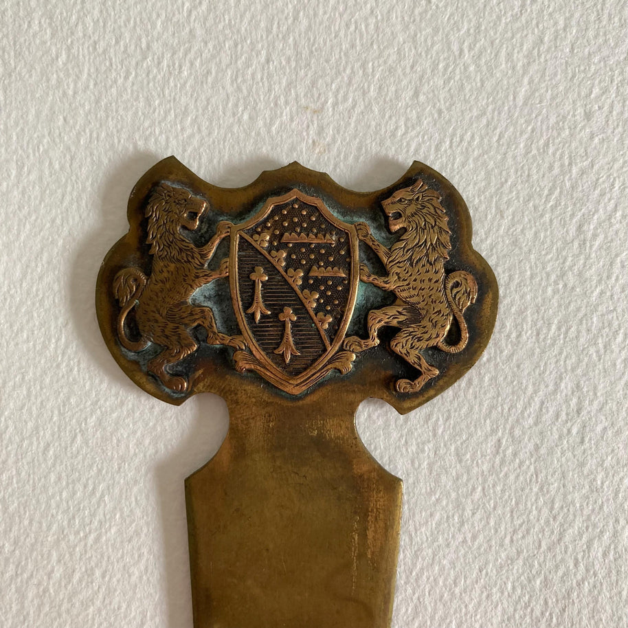 Vintage Brass Letter Opener: Lion Crest Handle, Monogrammed