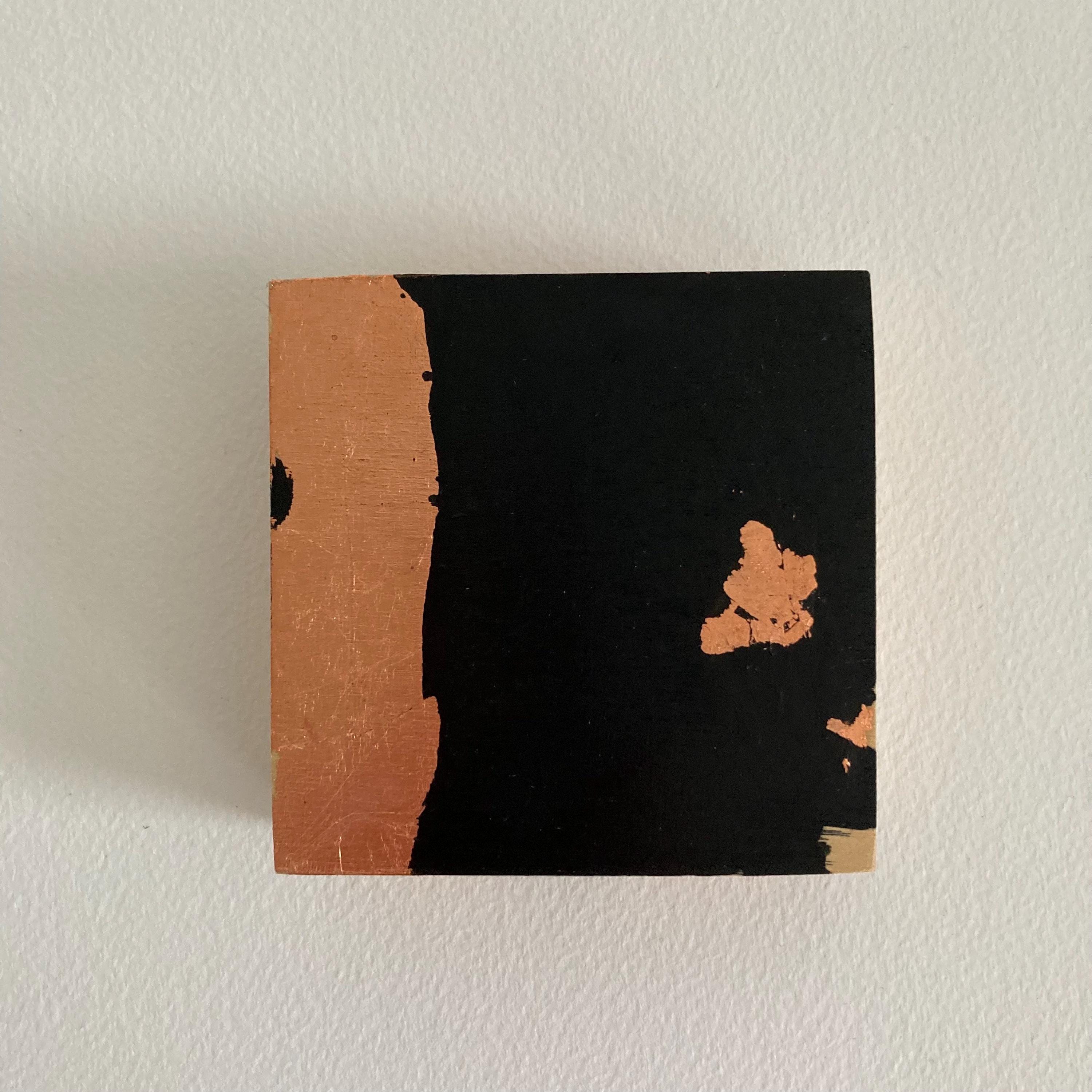 Original OOAK Elizabeth Bagwell Copper Leaf & Ink Abstract Painting on Wood Panel: Modern Black and Copper Leaf Artwork - Copper Lines No. 6