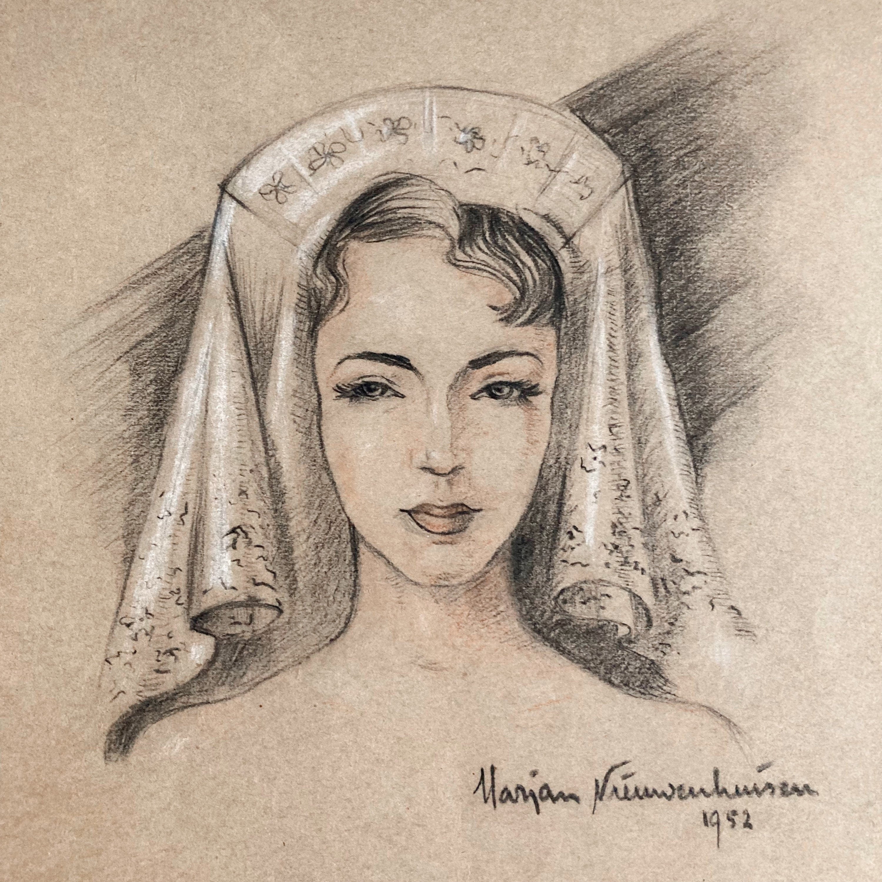 Mid-Century Portrait Art: Young Woman with Veil, 1952 Signed Drawing