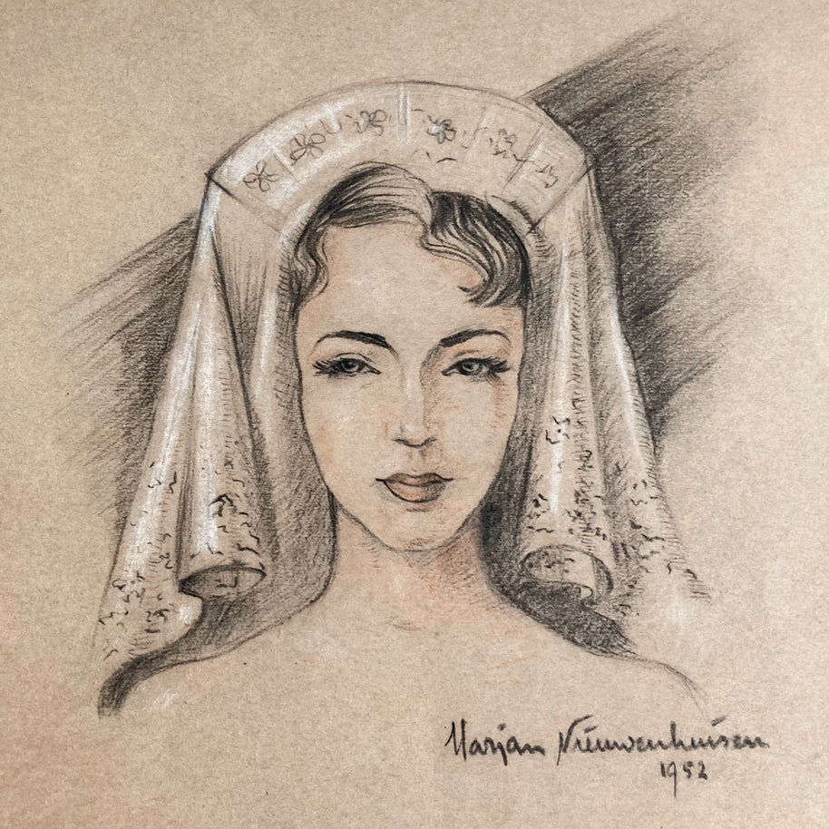 Mid-Century Portrait Art: Young Woman with Veil, 1952 Signed Drawing