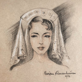 Mid-Century Portrait Art: Young Woman with Veil, 1952 Signed Drawing