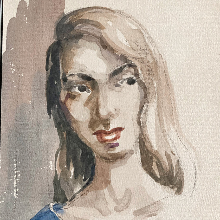 Mid Century Watercolor Portrait: Young Woman, Signed & Dated 1954