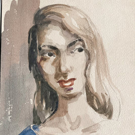 Mid Century Watercolor Portrait: Young Woman, Signed & Dated 1954