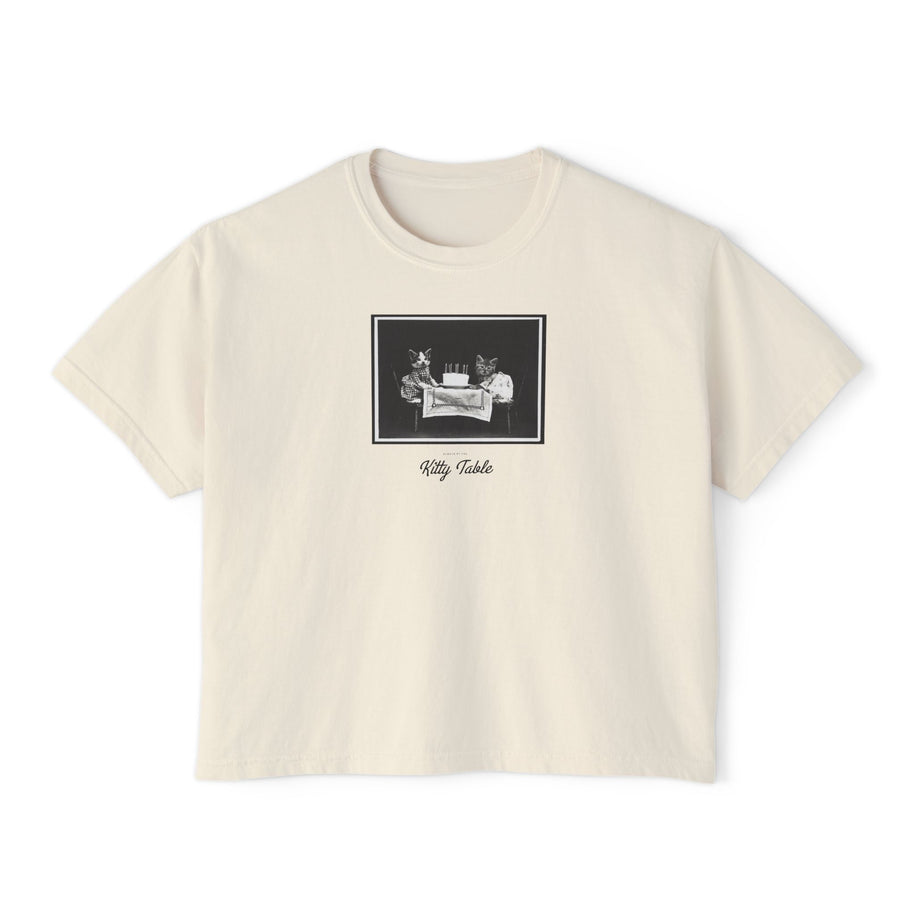SOLID PHOTO TEST ... Boxy Tee — Vintage 'Kitty Table' Black & White Graphic Women's Crop Tee