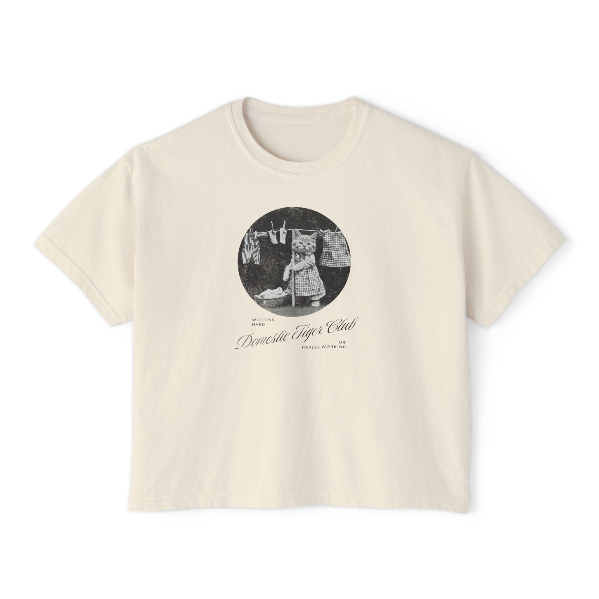 DISTRESSED PHOTO TEST ... Boxy Tee — Vintage 'Kitty Table' Black & White Graphic Women's Crop Tee