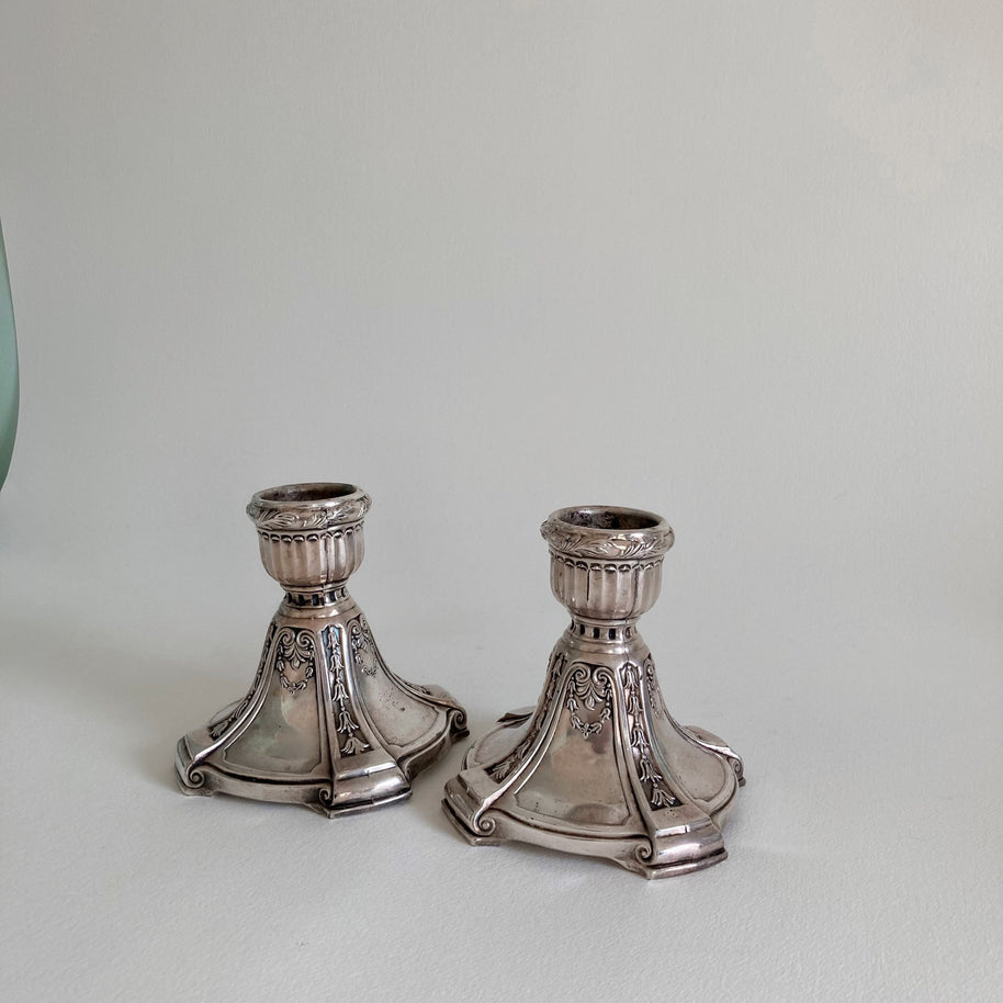 Edwardian Silver Plate Candlesticks - Floral Swag Design - Circa 1900