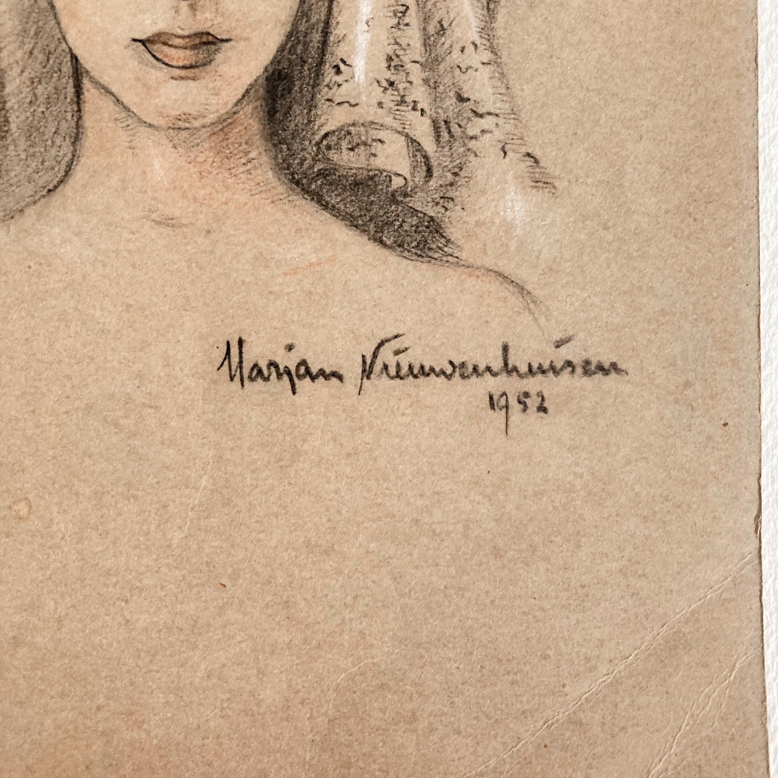 Mid-Century Portrait Art: Young Woman with Veil, 1952 Signed Drawing