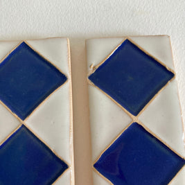 Pair of Handmade Ceramic Accent Tiles: Blue Diamond Pattern, 20th Century