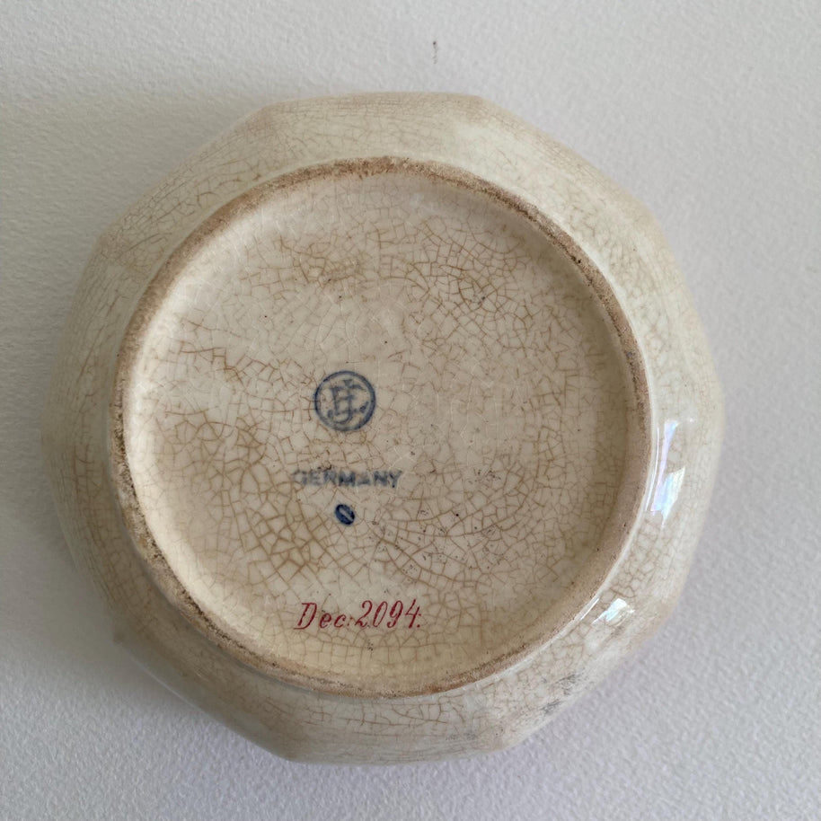 Circa 1930, German Ceramic Bowl w/ Stylized Animals & Folk Tale Imagery - EJ GERMANY - Ivory Burgundy Color Ceramic Bowl