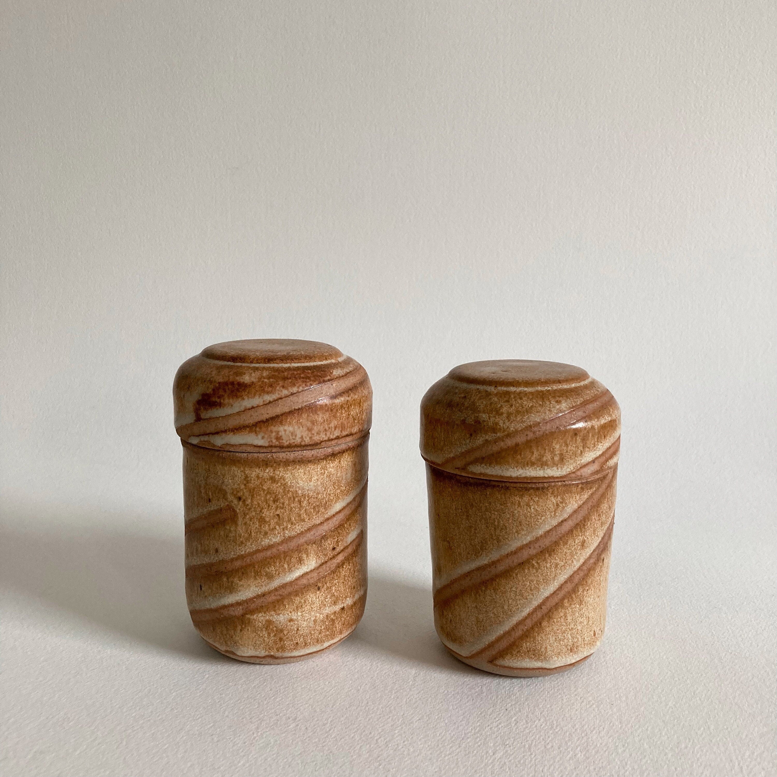 Artist Signed Ceramic Lidded Jars: Handmade Studio Pottery, Set of 2