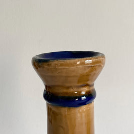 Hand Painted Ceramic Candlestick Pair: Crackle Glaze, Cobalt Blue Detail