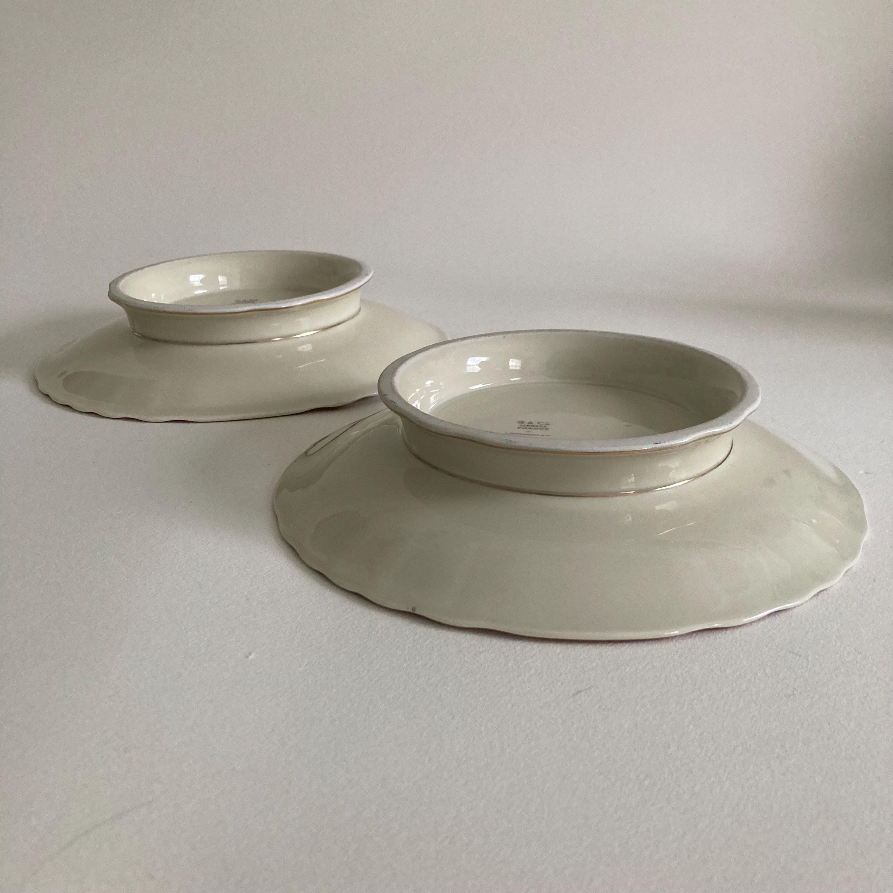 Pair of Vintage Limoges Pedestal Plates: French Porcelain Dessert Stands, Pink Floral