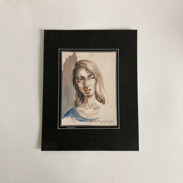 Mid Century Watercolor Portrait: Young Woman, Signed & Dated 1954