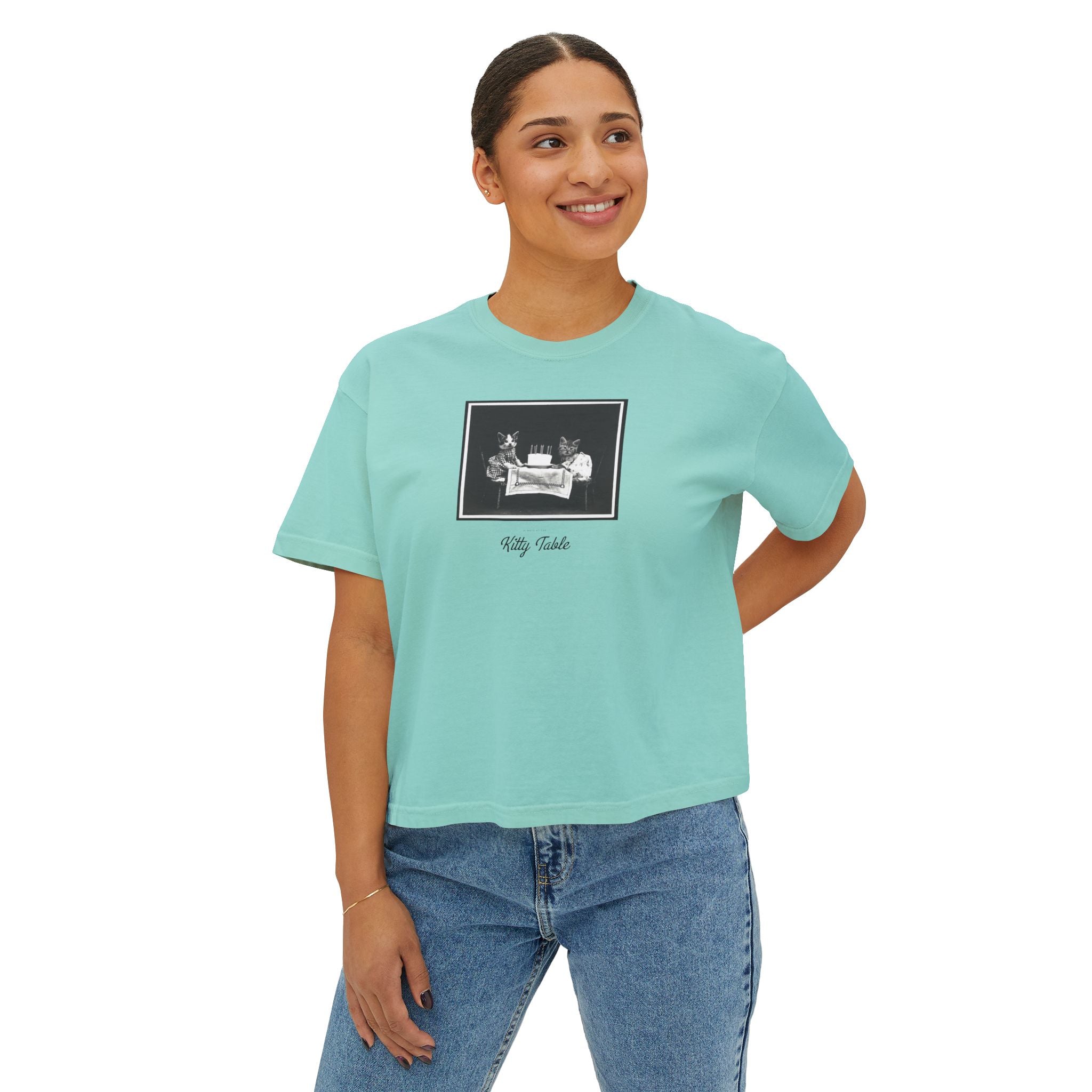 SOLID PHOTO TEST ... Boxy Tee — Vintage 'Kitty Table' Black & White Graphic Women's Crop Tee
