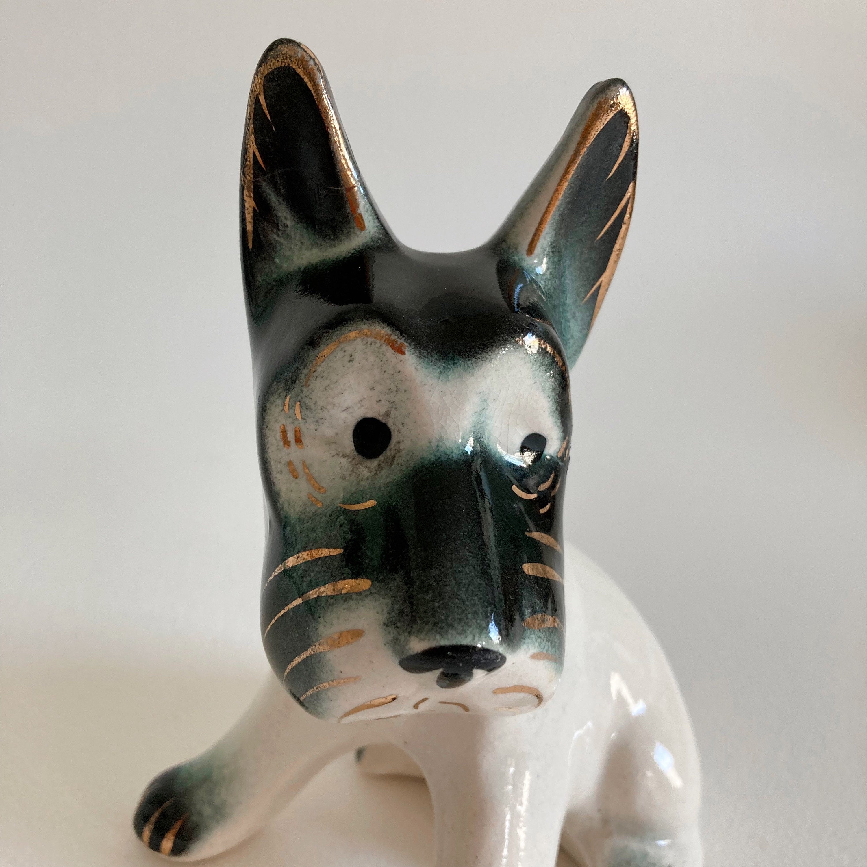 AS IS Vintage 1930s Scottie Dog Statue: Ceramic Scottish Terrier with Gold Accents