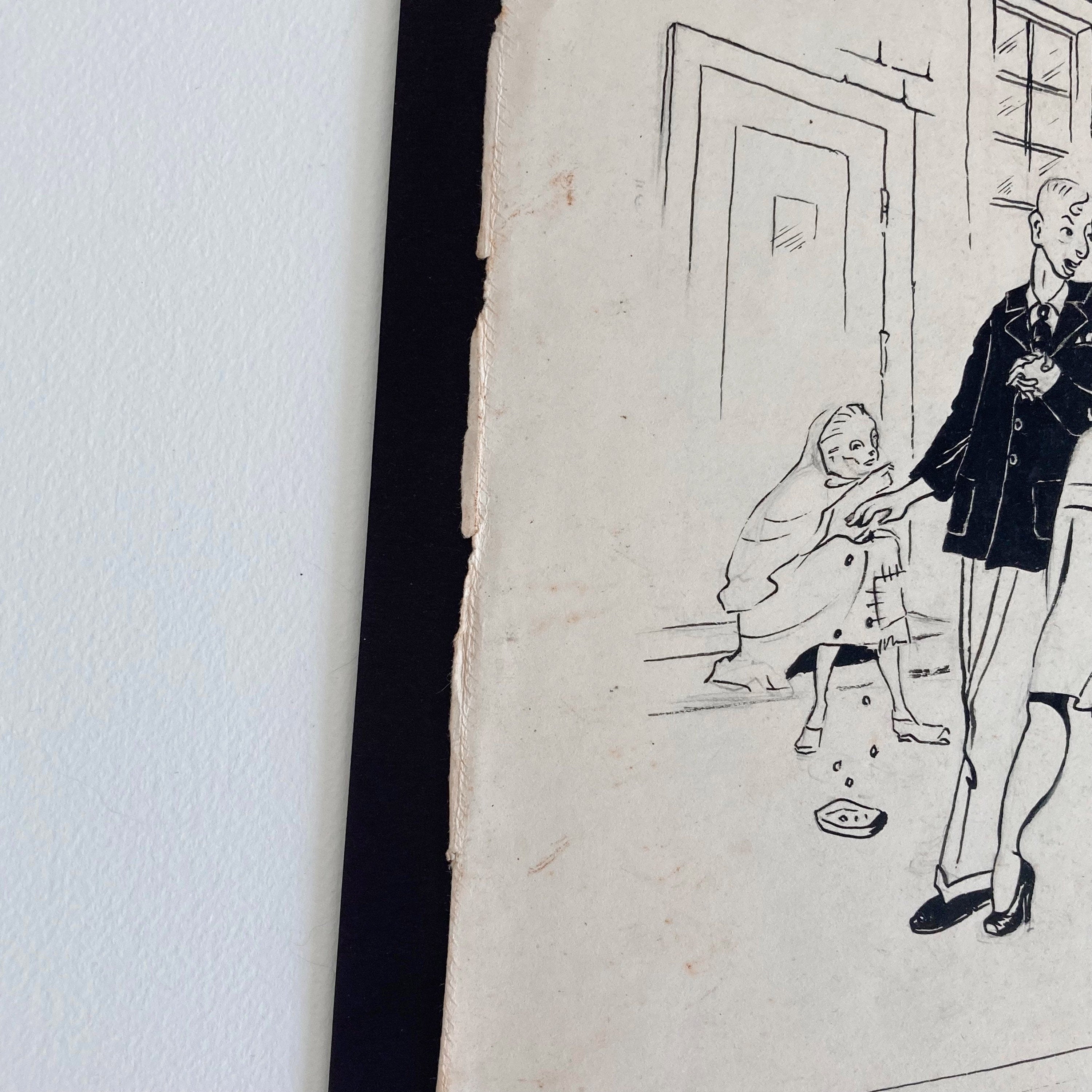 1948 Pen & Ink Sketch: Mid-Century Couple, Street Scene - Original Drawing