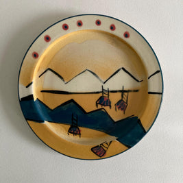 Artist Signed Ceramic Butter Dish: Abstract Mountain & Chair Design