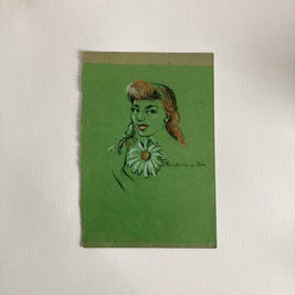 Mid-Century Pastel Portrait: Woman with Flower, Green Paper (12x8)