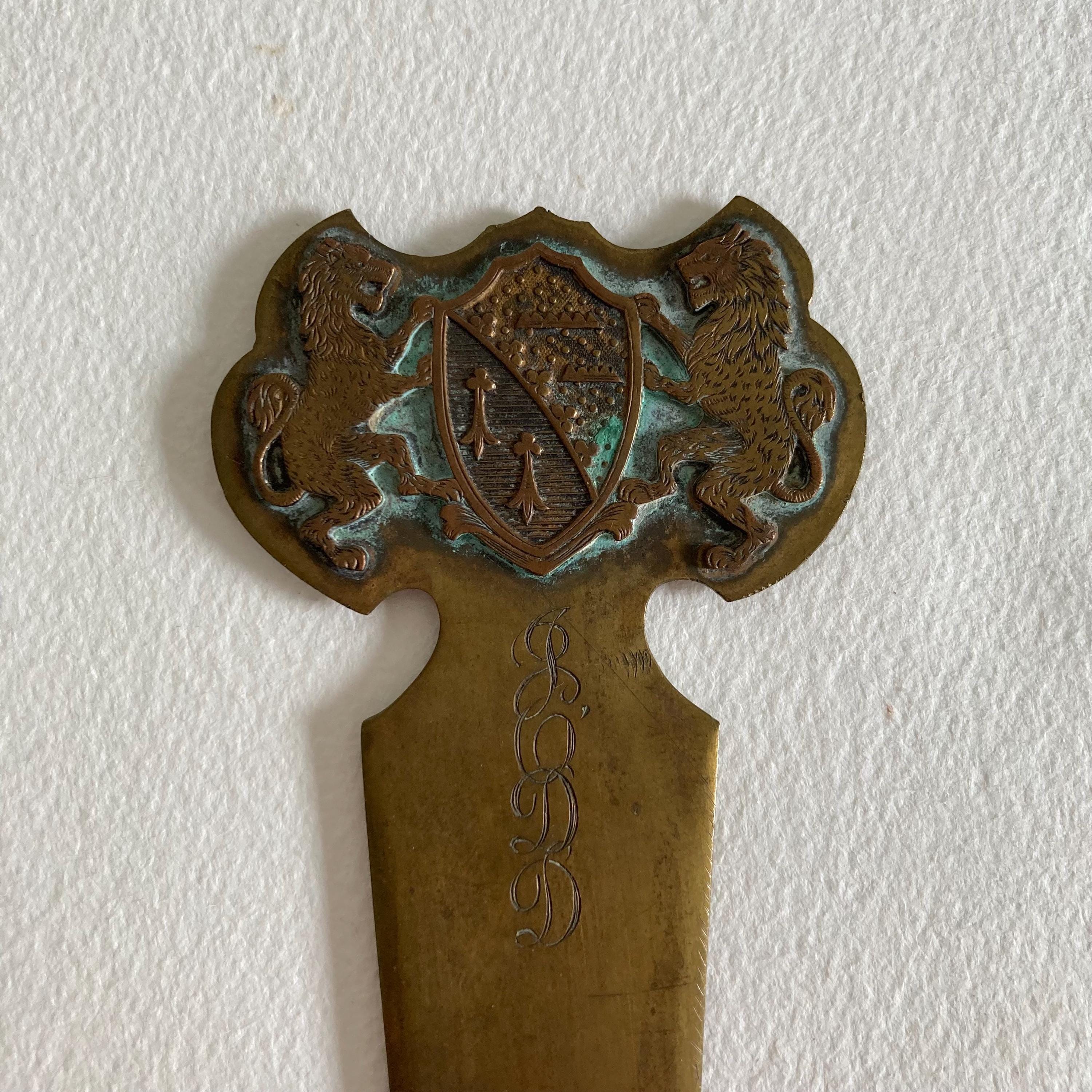 Vintage Brass Letter Opener: Lion Crest Handle, Monogrammed