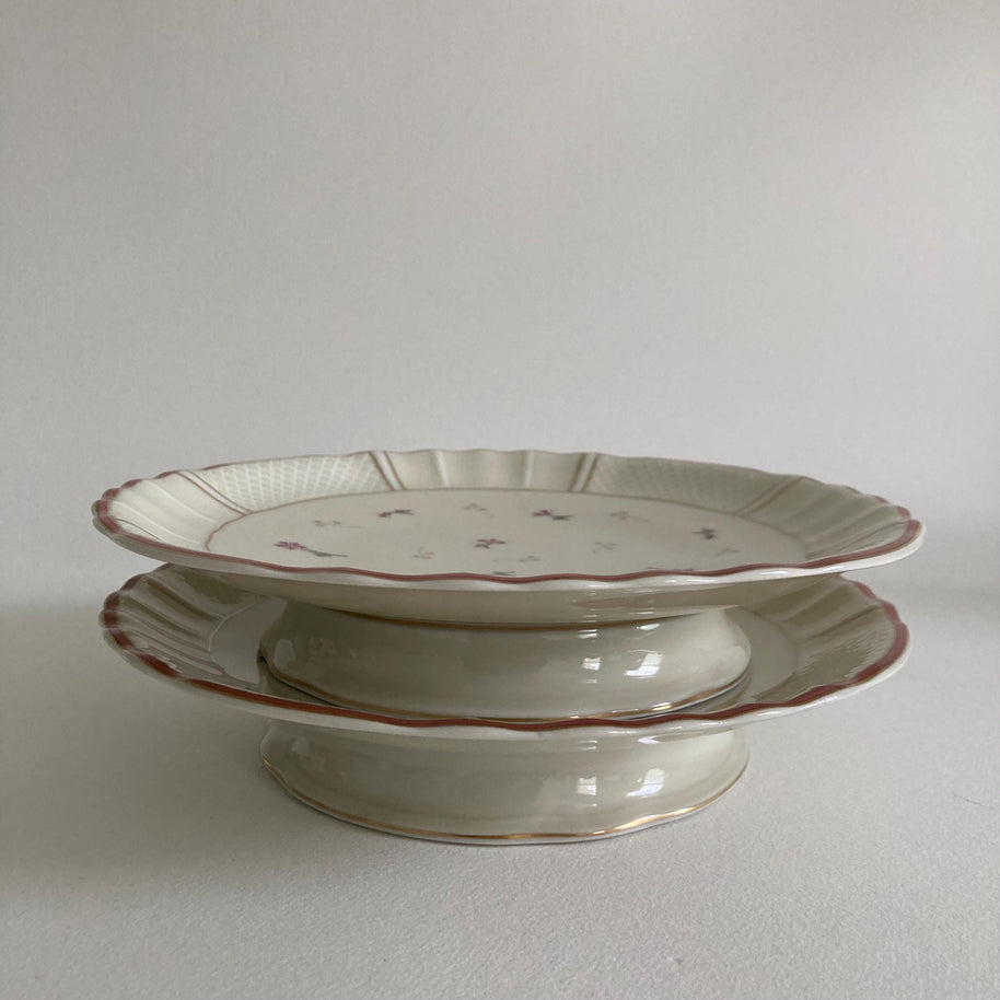 Pair of Vintage Limoges Pedestal Plates: French Porcelain Dessert Stands, Pink Floral