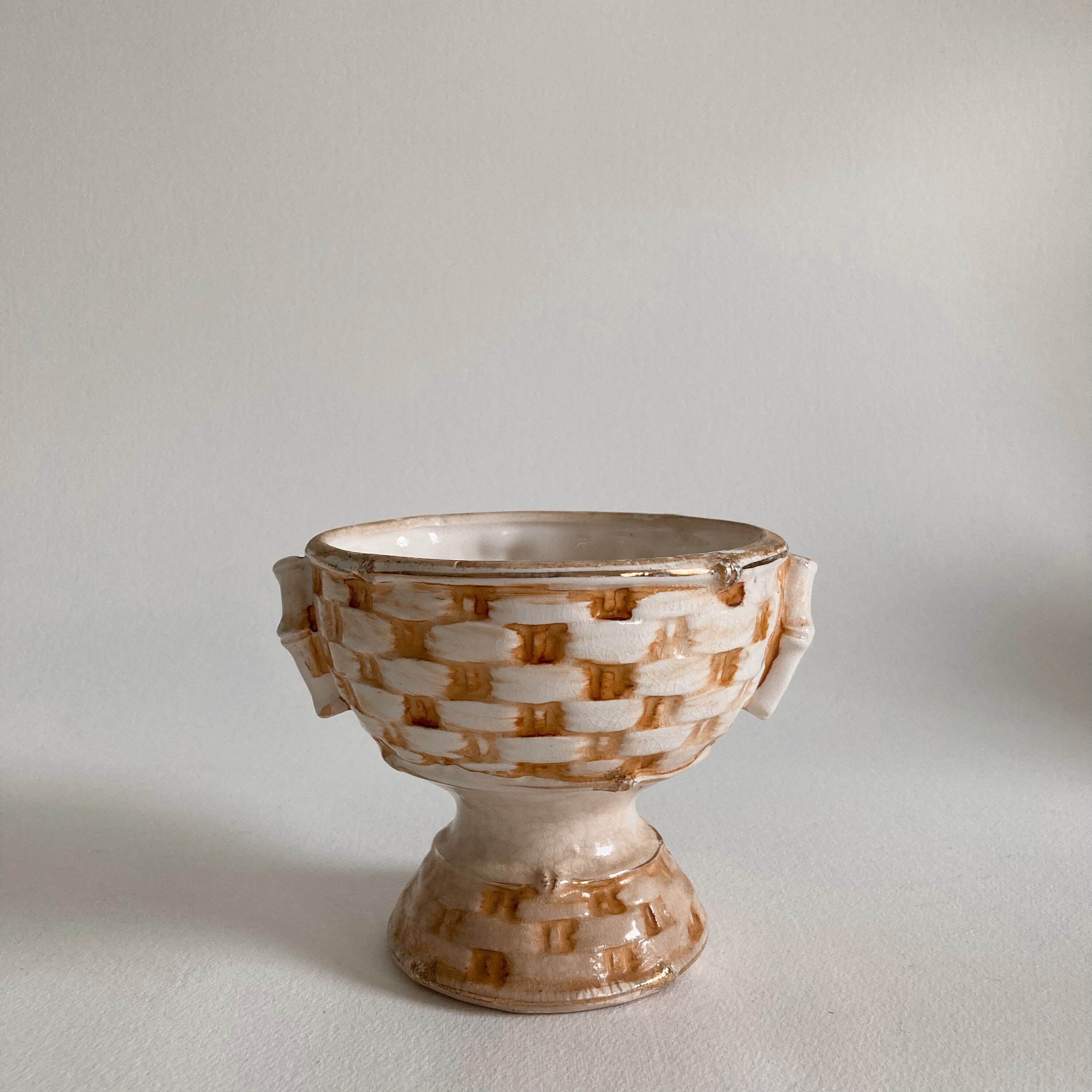 1930s Japanese Ceramic Compote Bowl: Fruit Basket Weave, Gold Rim
