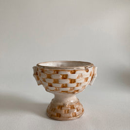 1930s Japanese Ceramic Compote Bowl: Fruit Basket Weave, Gold Rim