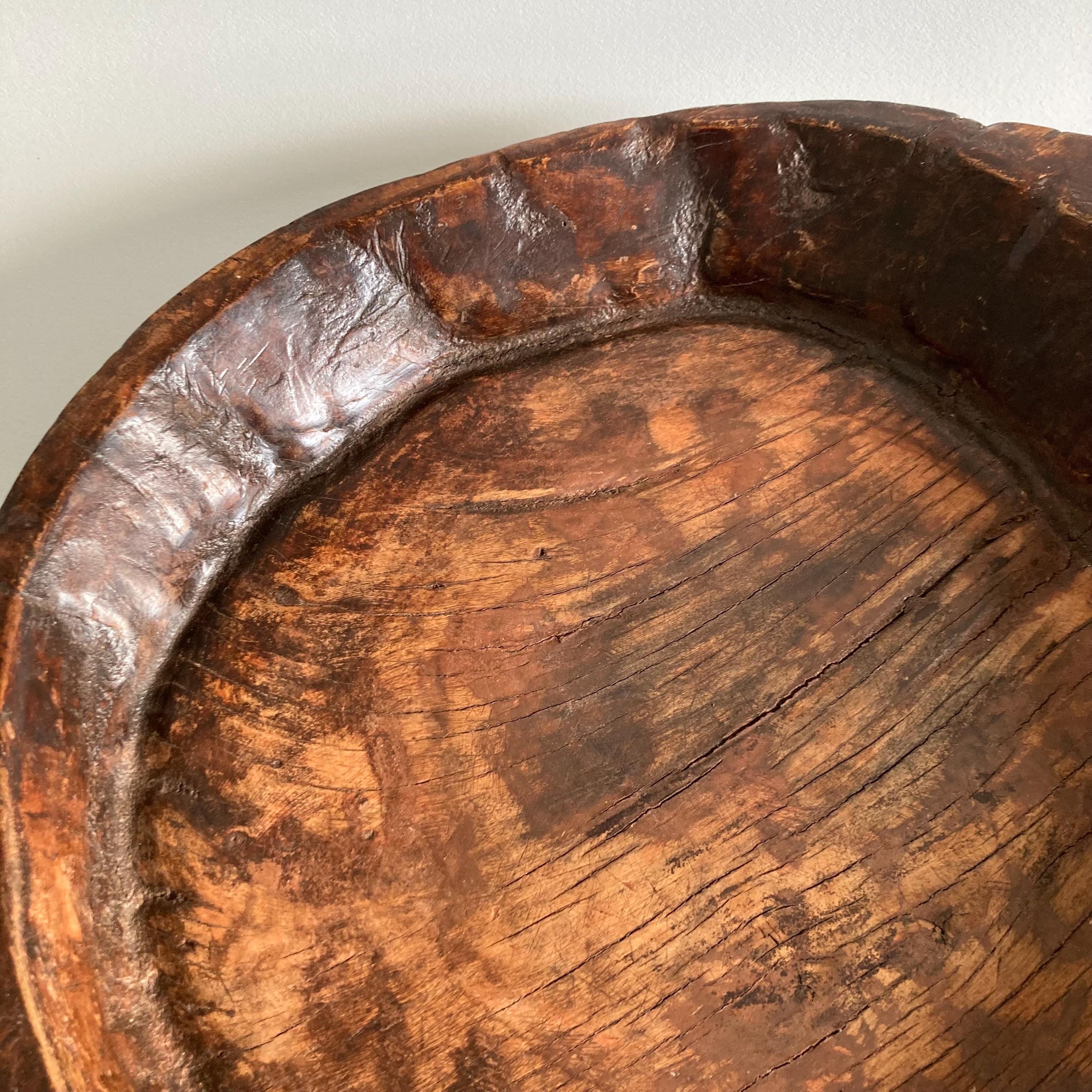 Vintage Indian Attributed Chapati Bowl: Large Patinated Wood Centerpiece