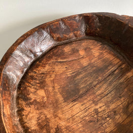 Vintage Indian Attributed Chapati Bowl: Large Patinated Wood Centerpiece