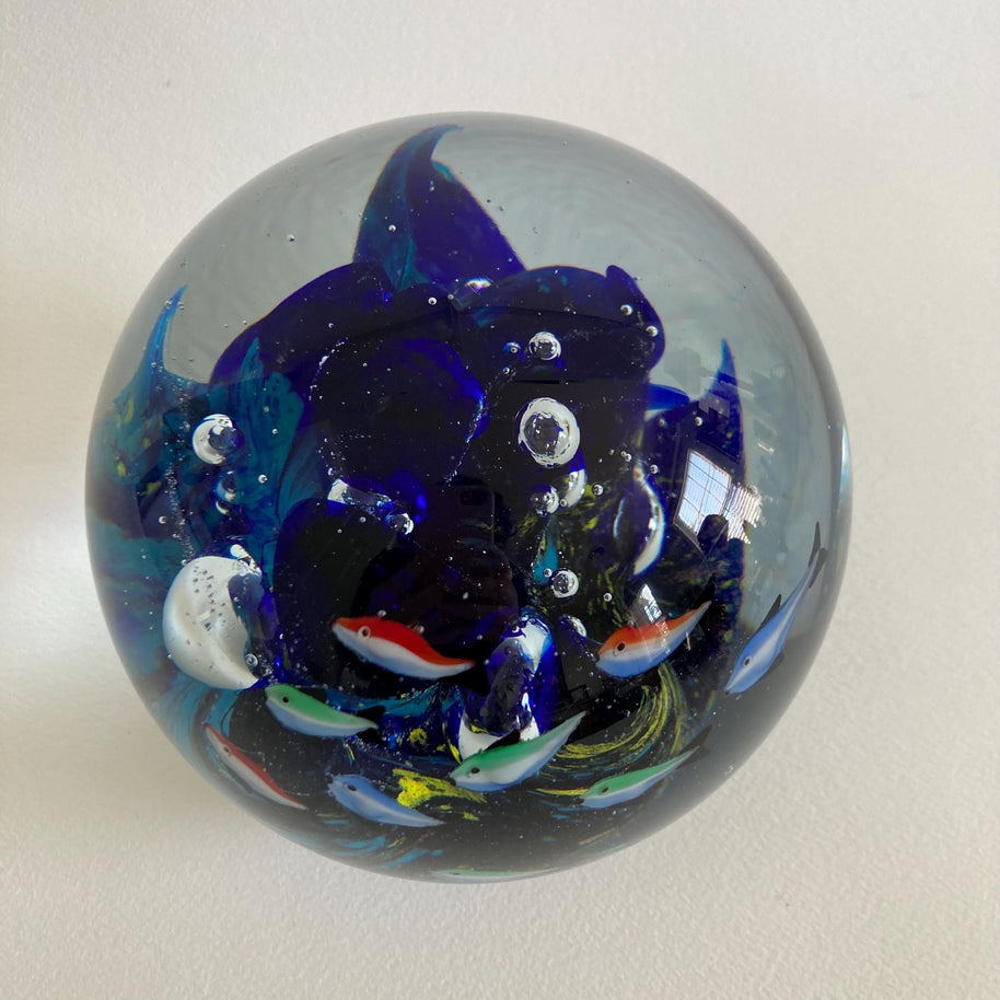 Murano Style Art Glass Paperweight: Ocean Fish Aquarium Orb (5.5