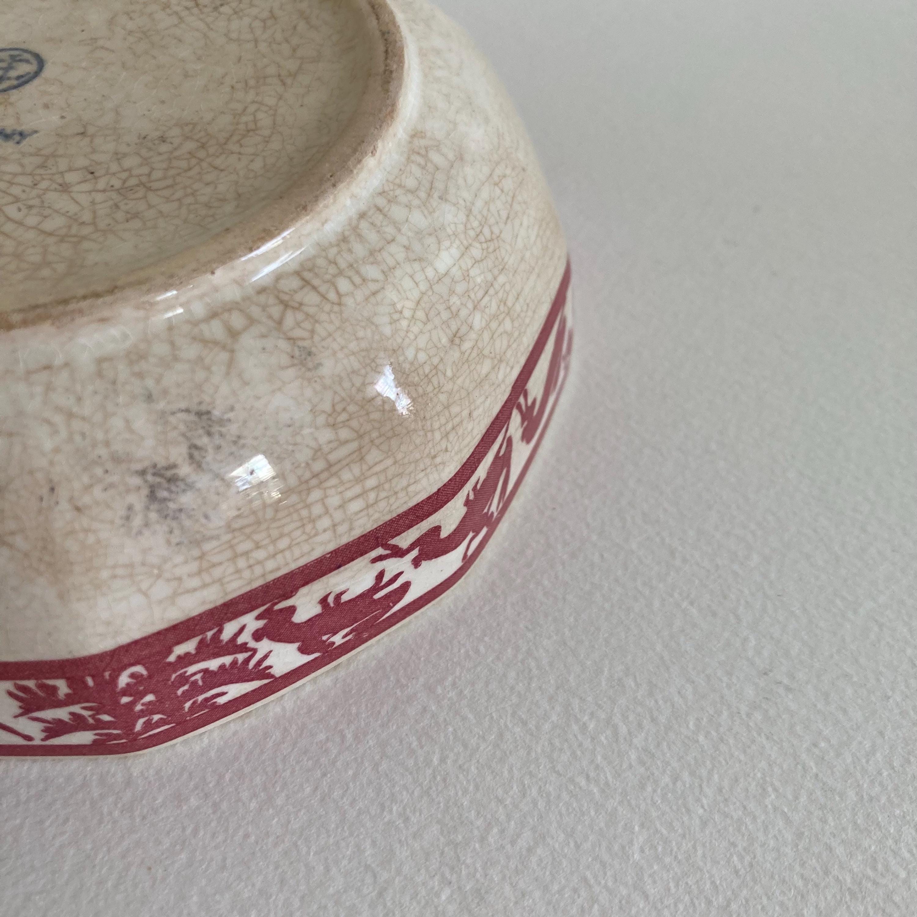Circa 1930, German Ceramic Bowl w/ Stylized Animals & Folk Tale Imagery - EJ GERMANY - Ivory Burgundy Color Ceramic Bowl